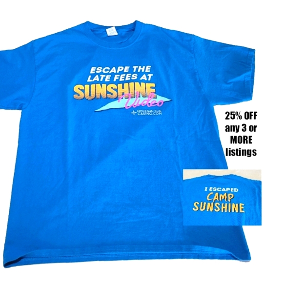 Graphic Print Aqua Tee Shirt T-shirt Crewneck Camp Sunshine Escape Room Casino - Picture 1 of 8